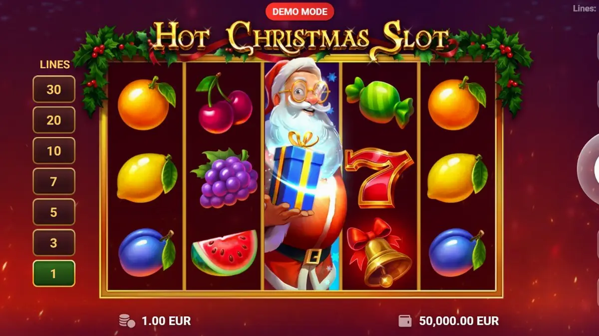 Tampilan visual mesin slot Hot Christmas dengan tema liburan dan simbol buah klasik