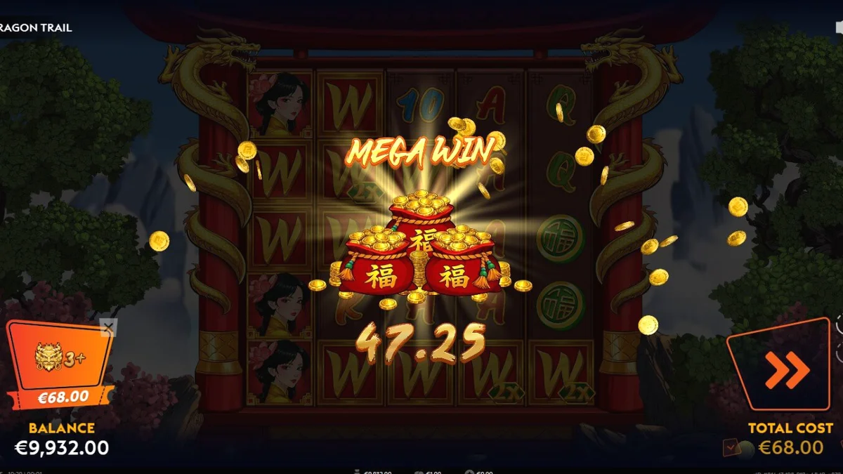 Pemandangan visual slot Dragon Trail dengan naga emas dan simbol koin keberuntungan