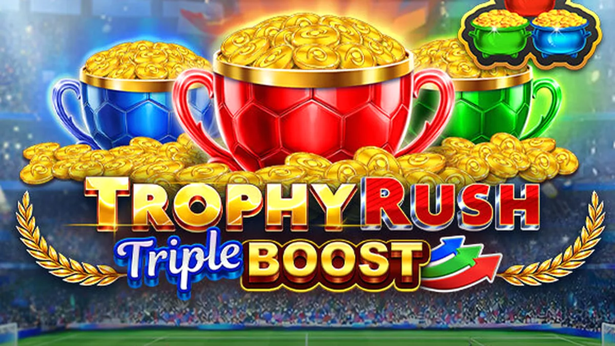 Tampilan antarmuka mobile slot Trophy Rush Triple Boost dengan tema stadion yang megah